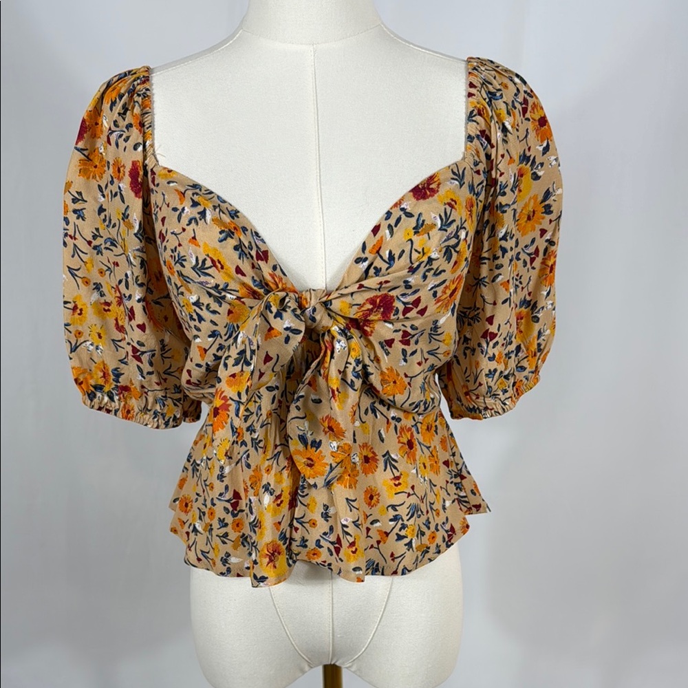Lost + Wander Yellow Puff Sleeve Smocked Peplum Blouse